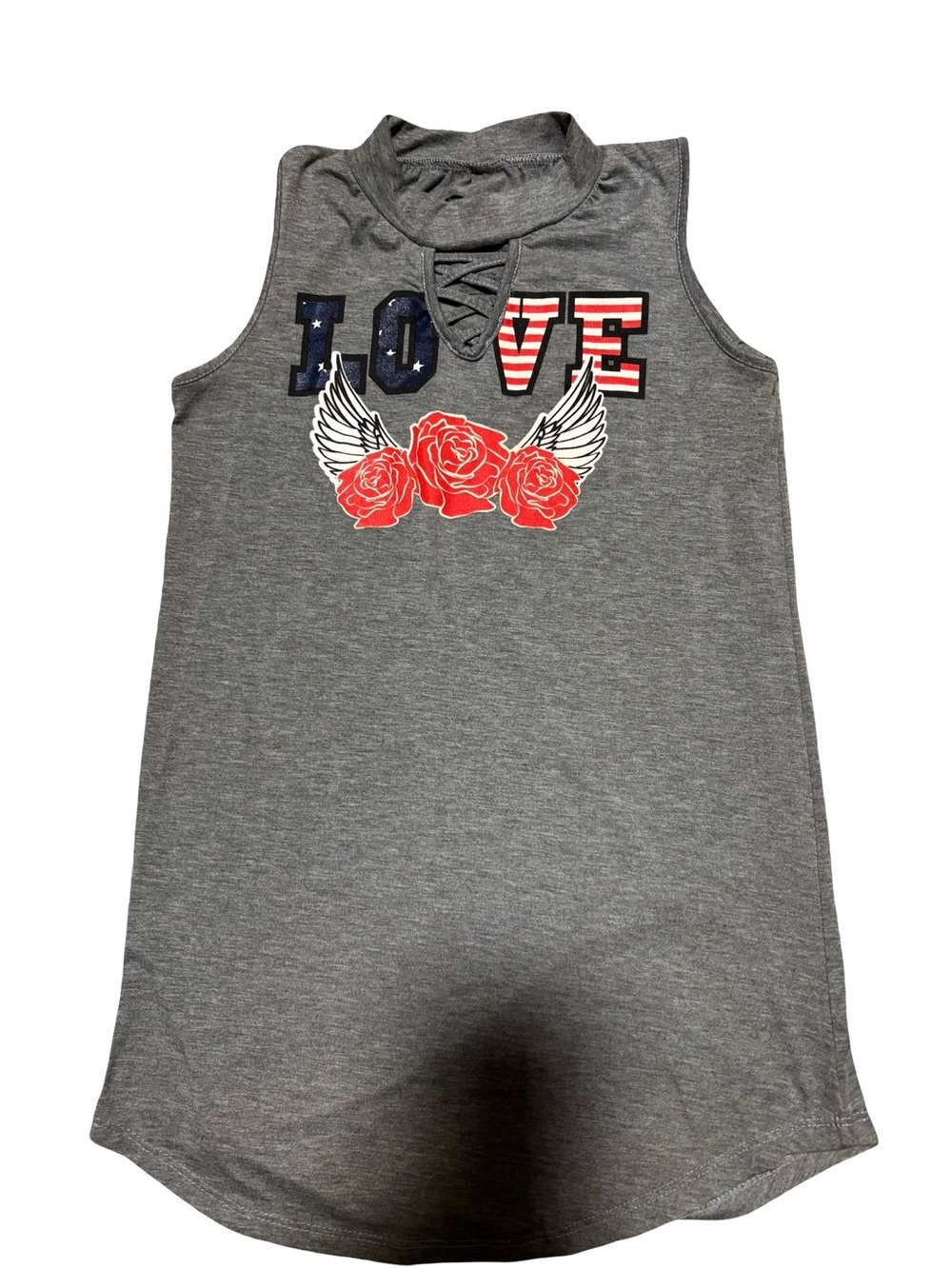 Girls' Grey Mock Neck 'LOVE' Graphic Patriotic Summer Tank Size 14/16